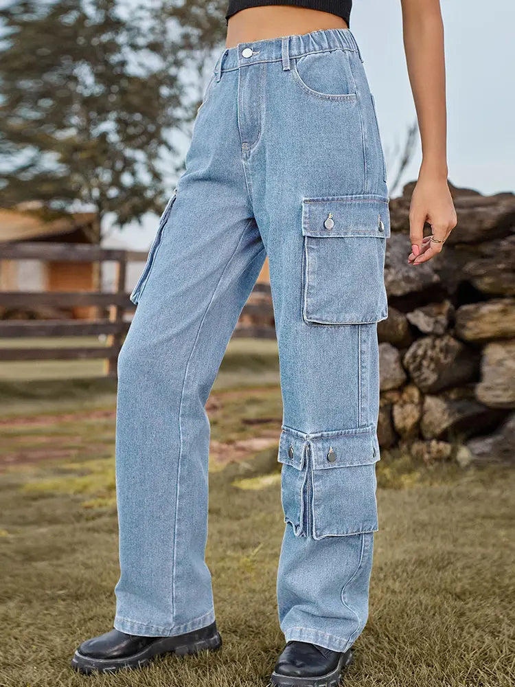 Washed Multi-Pocket Denim Pants-Massicos