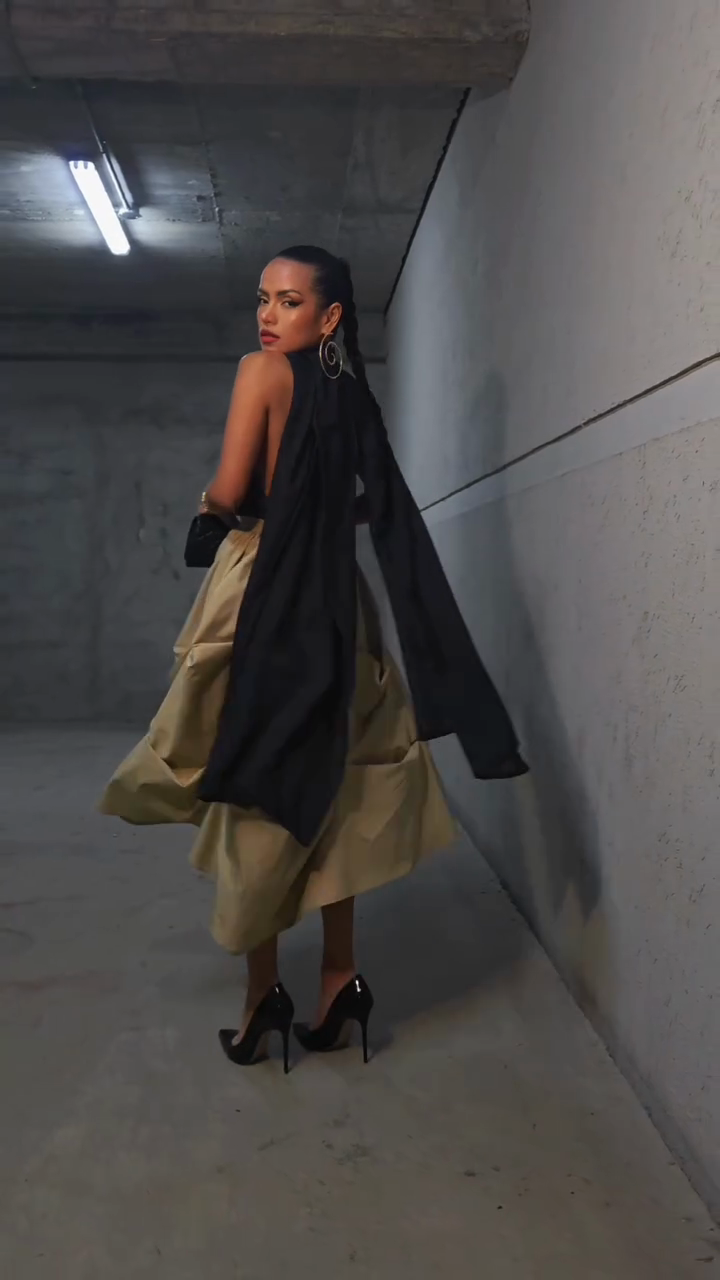 Black Satin Top and Khaki Pleated Midi Skirt Set-ROVOLE
