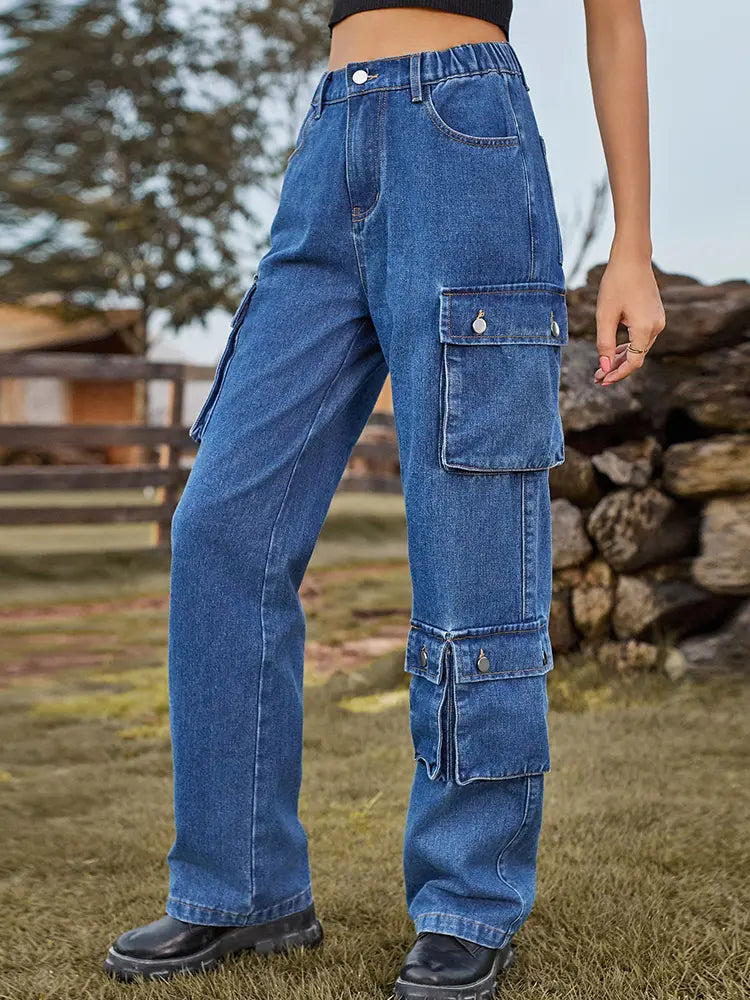 Washed Multi-Pocket Denim Pants-Massicos