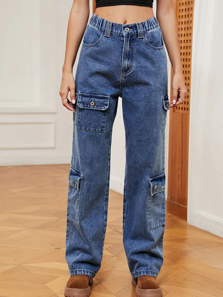 Washed Semi-Elastic Design Denim Cargo Pants-Massicos