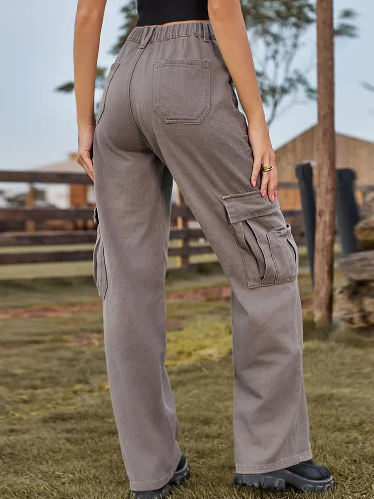 American Style Elastic-Waist Denim Cargo Pants-Massicos