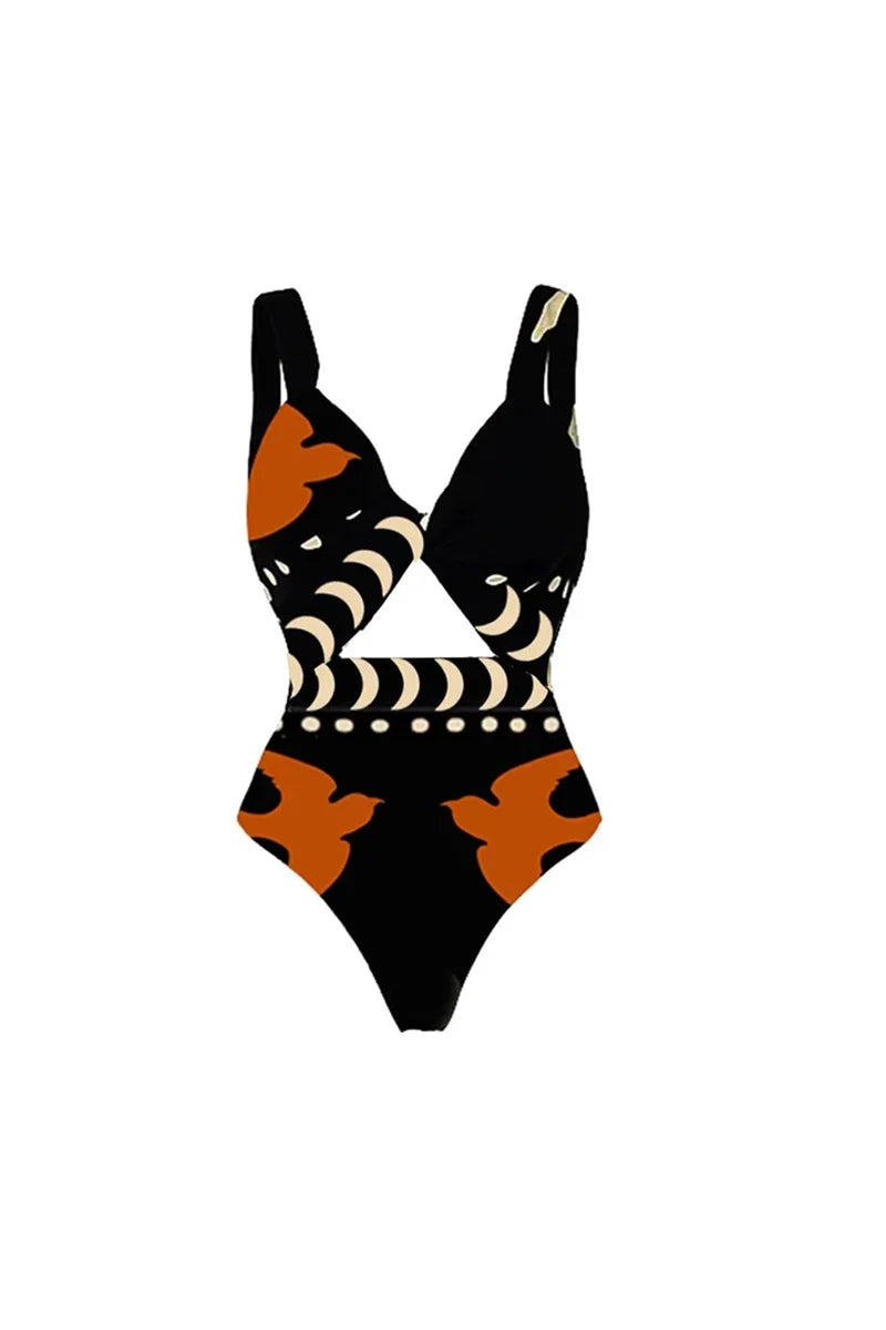 Graphic Print High-Waist Swimsuit-ROVOLE