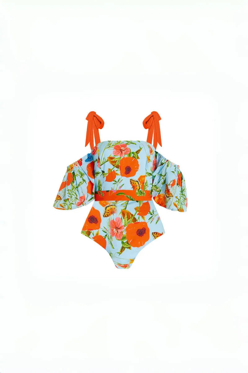 Floral Puff Sleeve Bandeau One-Piece Swimsuit-ROVOLE
