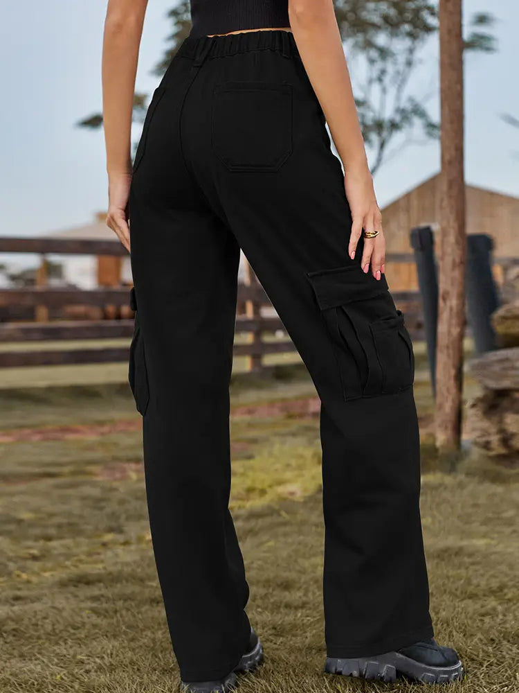 American Style Elastic-Waist Denim Cargo Pants-Massicos