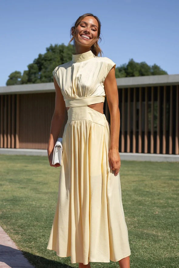 Cutout Waist Pocketed Vacation Midi Dress-ROVOLE