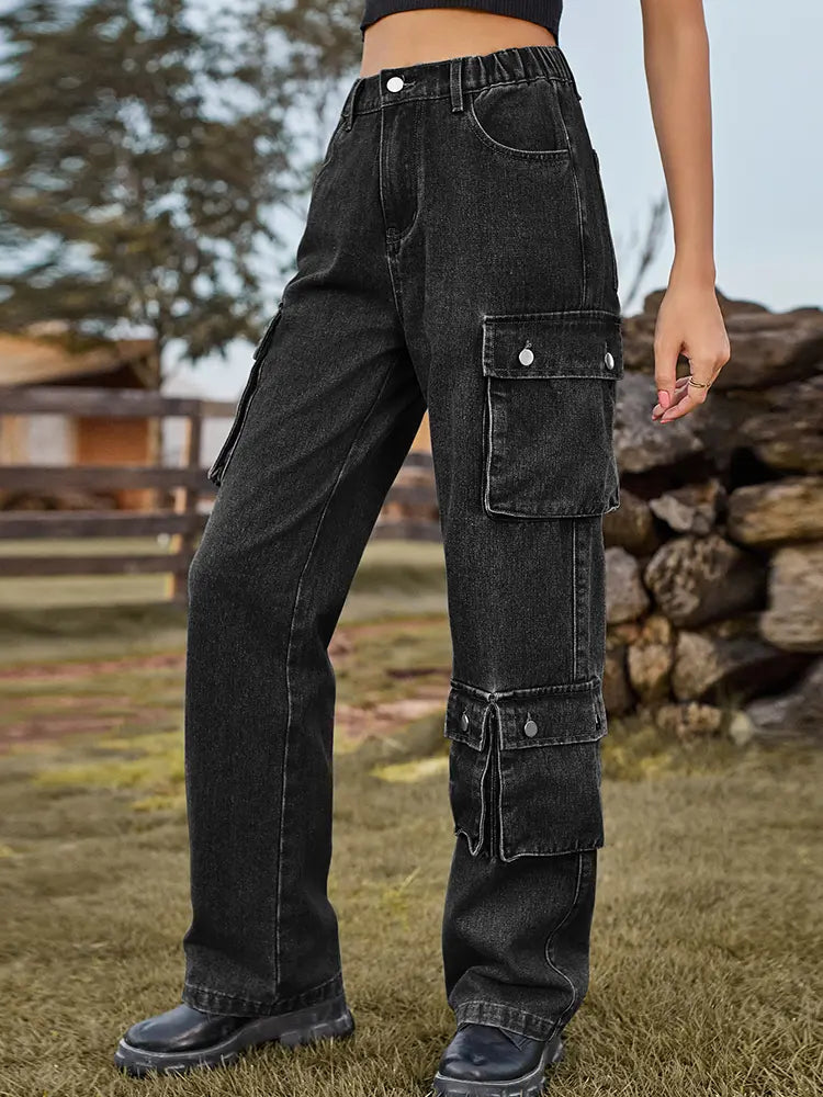 Washed Multi-Pocket Denim Pants-Massicos