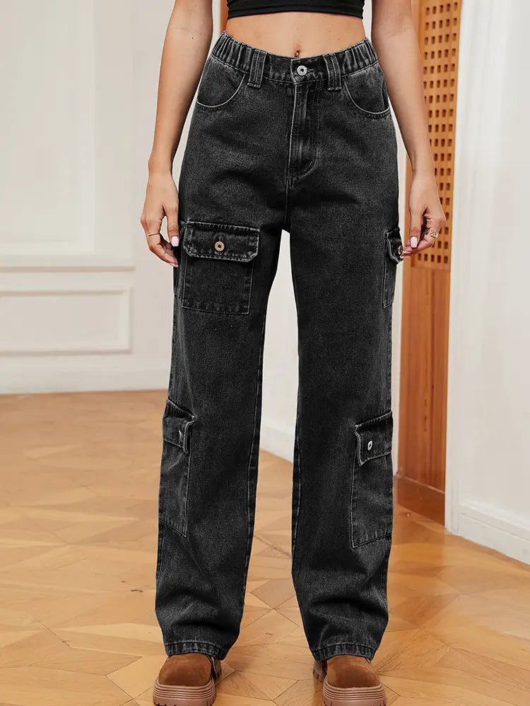 Washed Semi-Elastic Design Denim Cargo Pants-Massicos