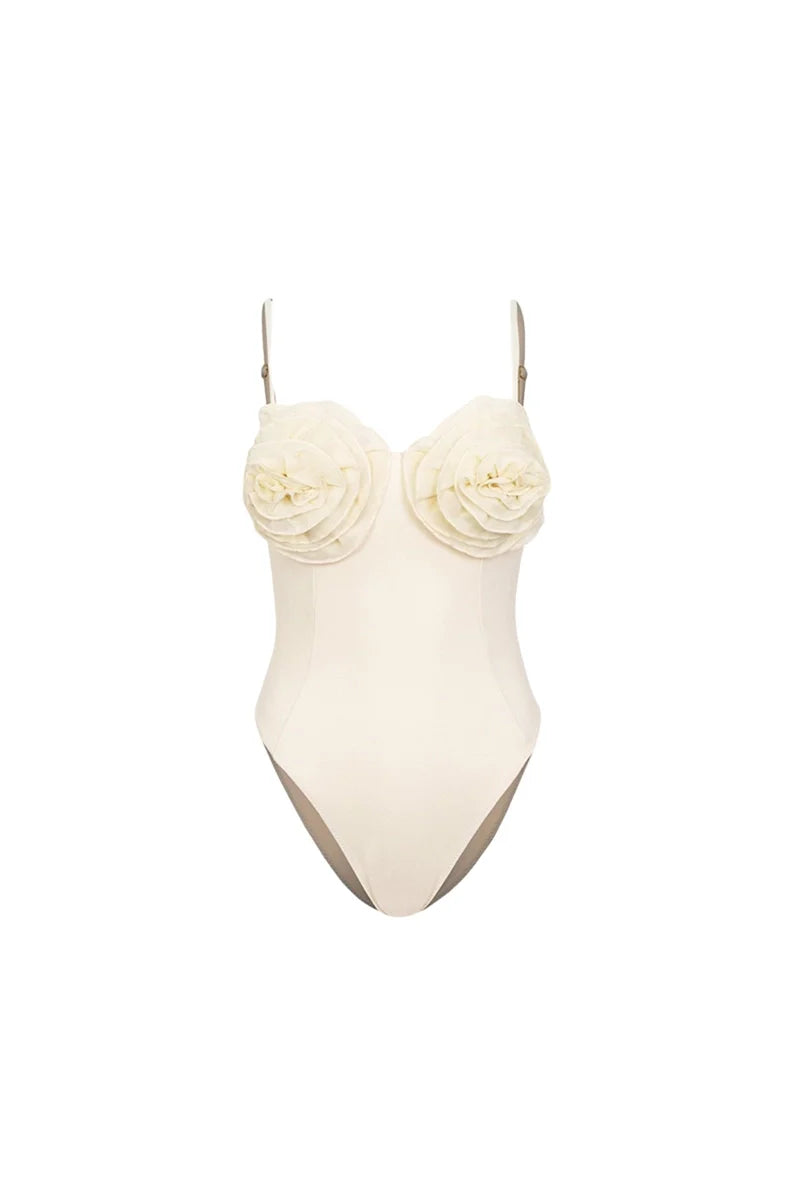 Floral Appliqué Solid One-Piece Swimsuit-ROVOLE