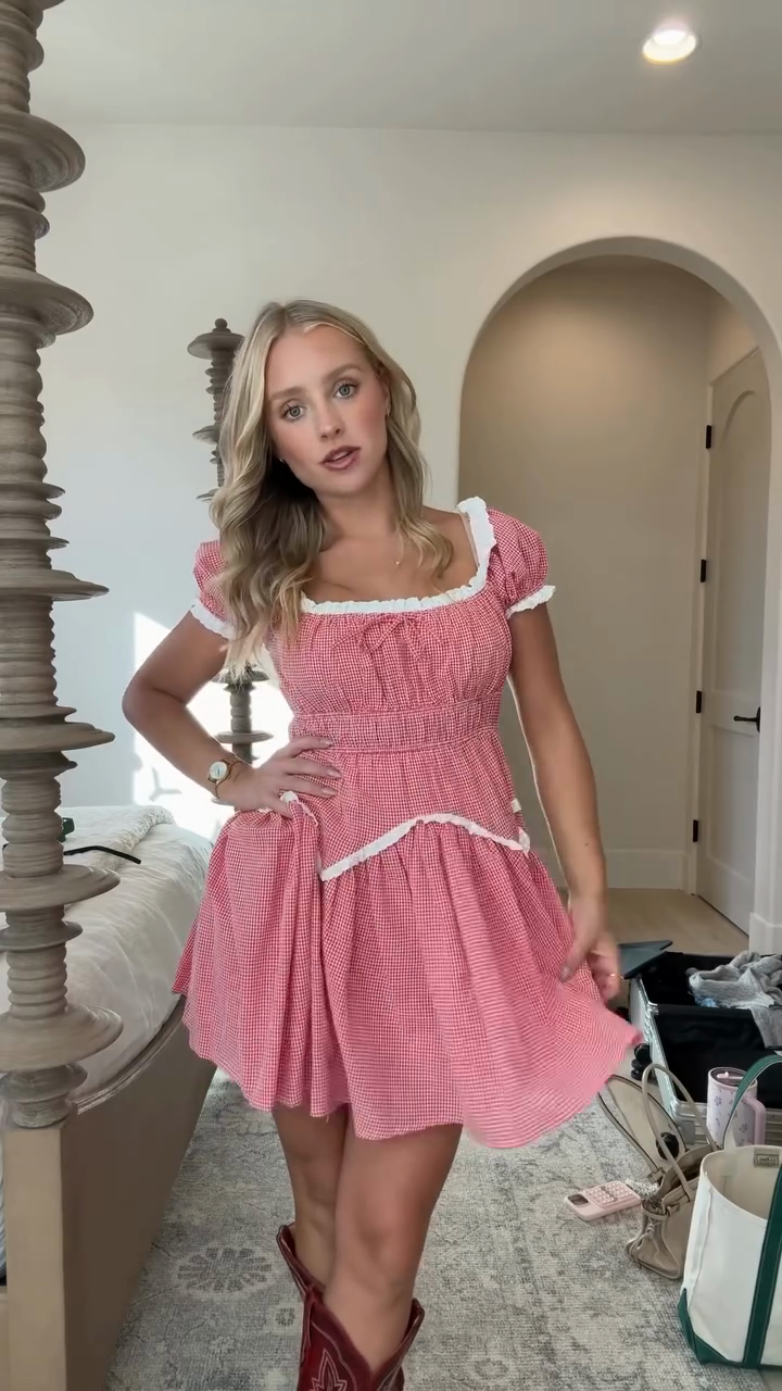 Pink Gingham Square - Neck Mini Dress-Massicos
