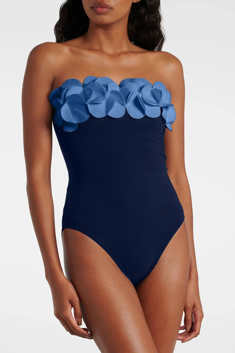Blue 3D Floral Strapless Swimsuit-ROVOLE