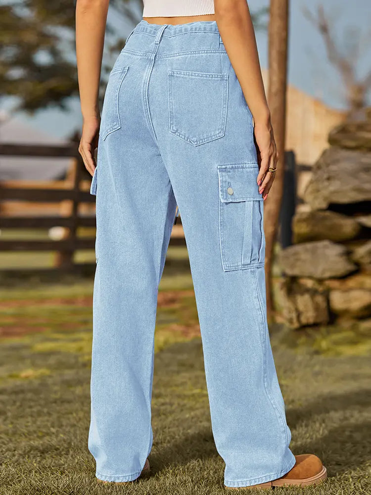 Adjustable Drawstring Washed Denim Cargo Pants-Massicos