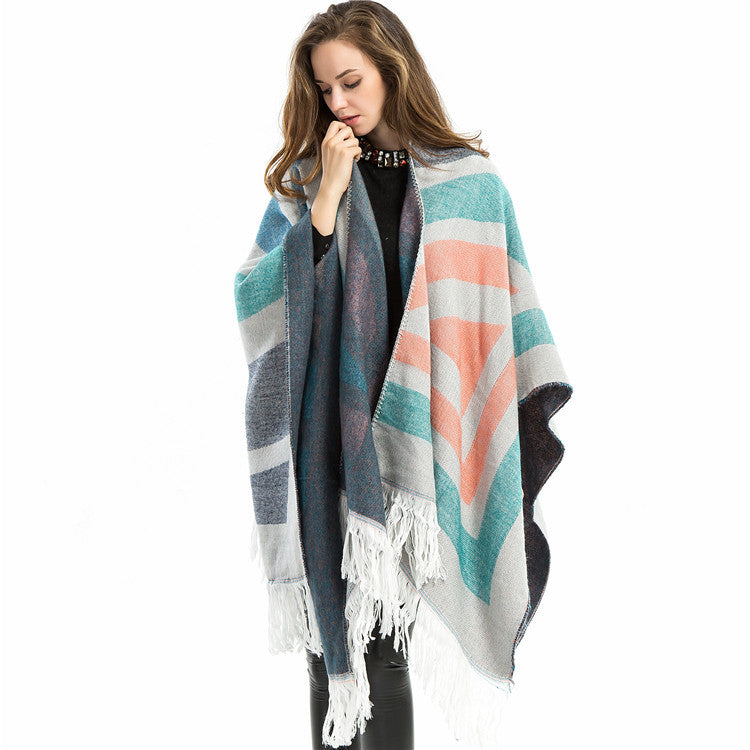 Striped color block tassel ponchos-Massicos