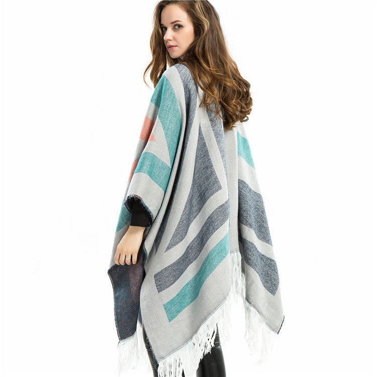 Striped color block tassel ponchos-Massicos