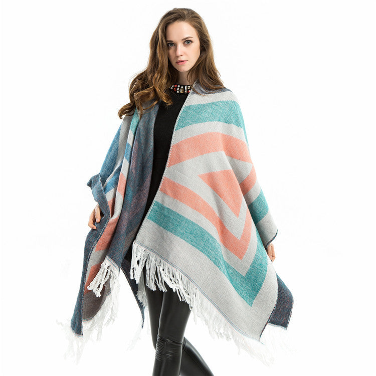 Striped color block tassel ponchos-Massicos