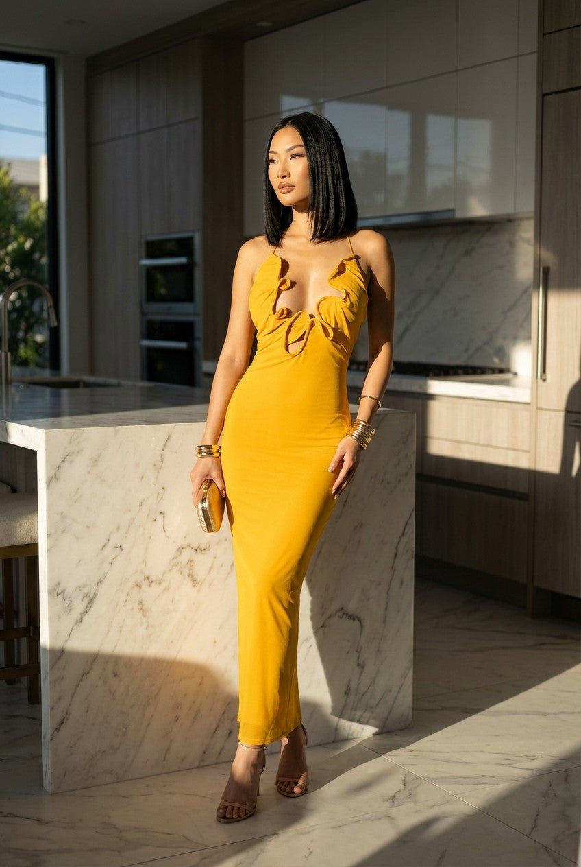 Women's Mustard Yellow Ruffled Cut-Out Maxi Dress Bodycon Evening Gown