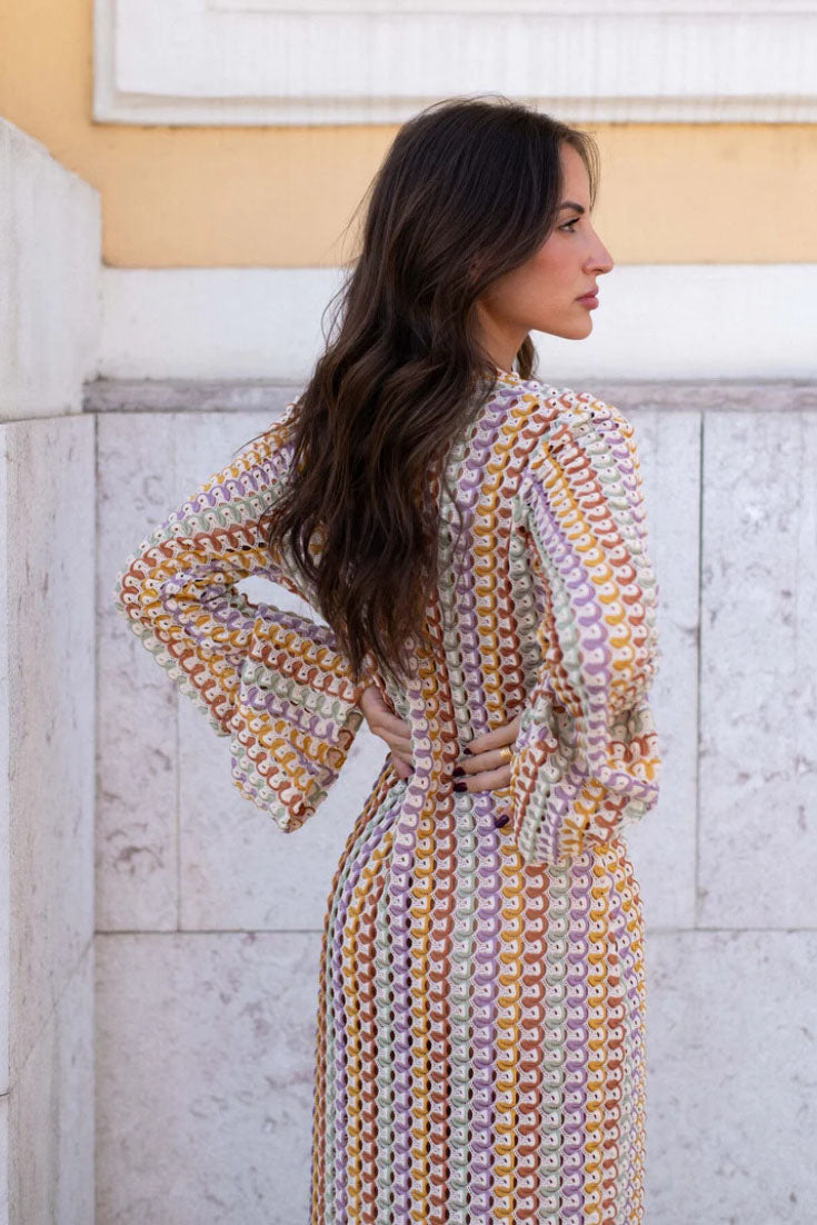 Boho V Neck Bell Sleeve Wavy Striped Crochet Beach Vacation Maxi Dress-ROVOLE