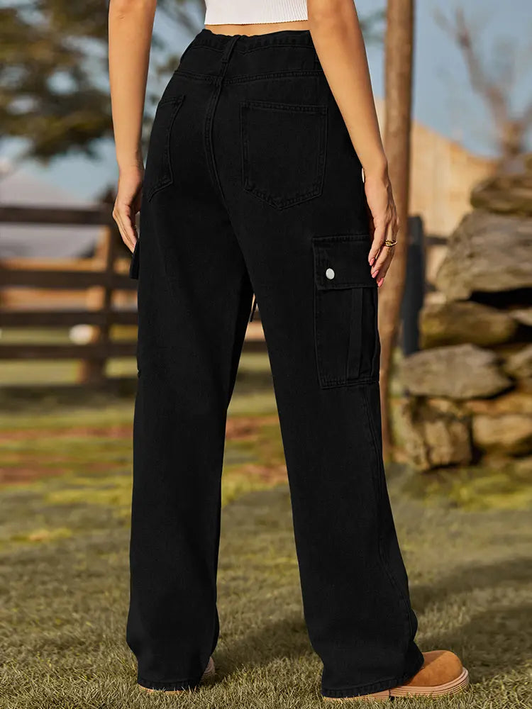 Adjustable Drawstring Washed Denim Cargo Pants-Massicos