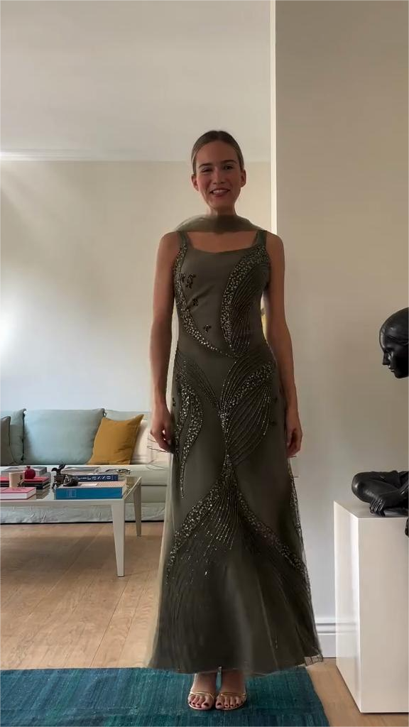 Embellished Olive - Green Evening Gown-ROVOLE