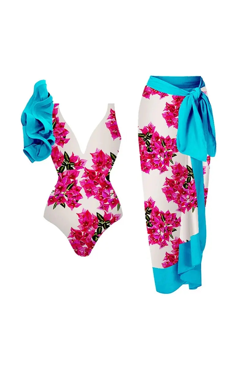 Floral Ruffle One Piece Swimwear Set-ROVOLE