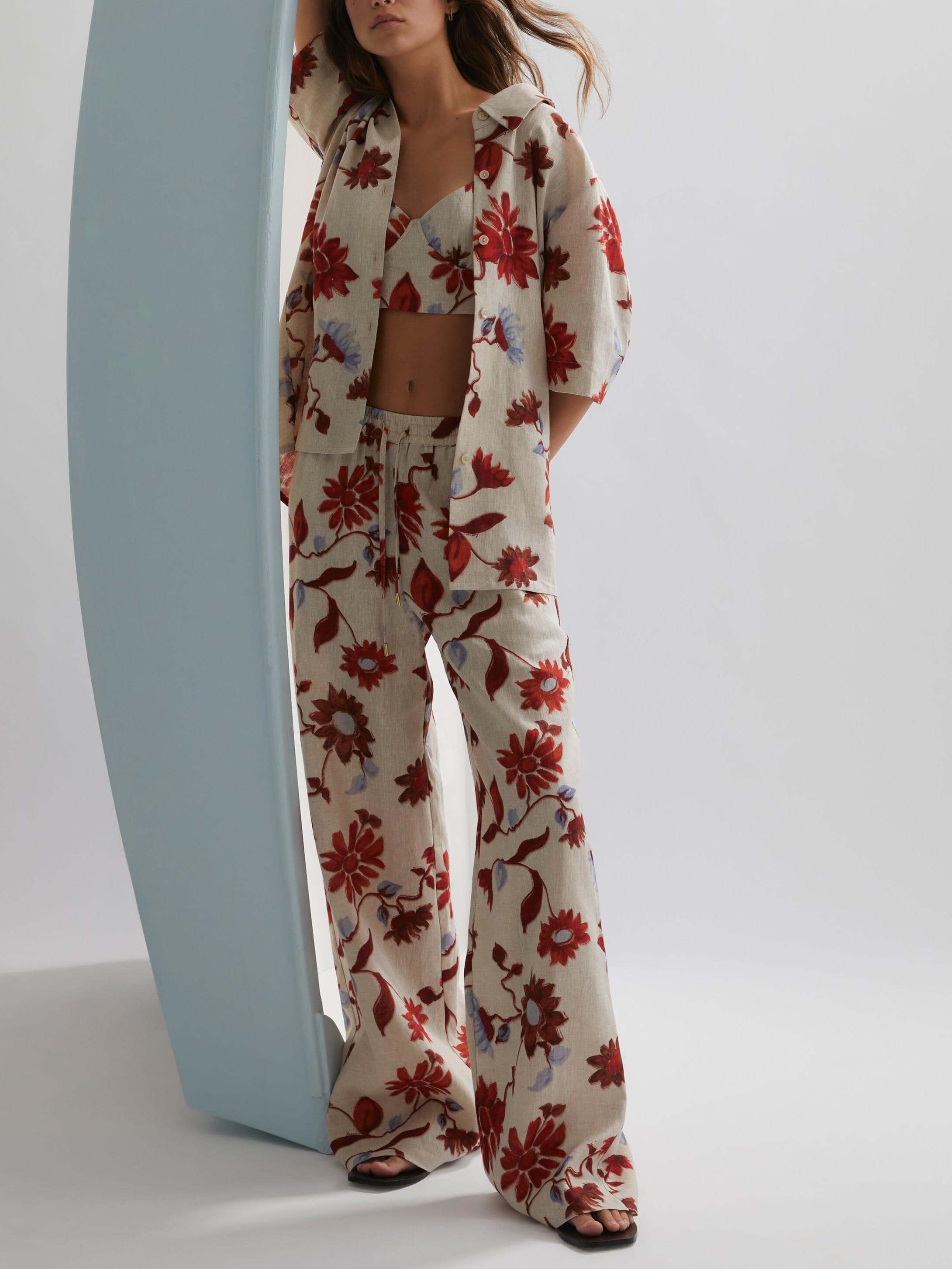 Exquisite Floral Print Lace-Up Wide-Leg Pants-Massicos