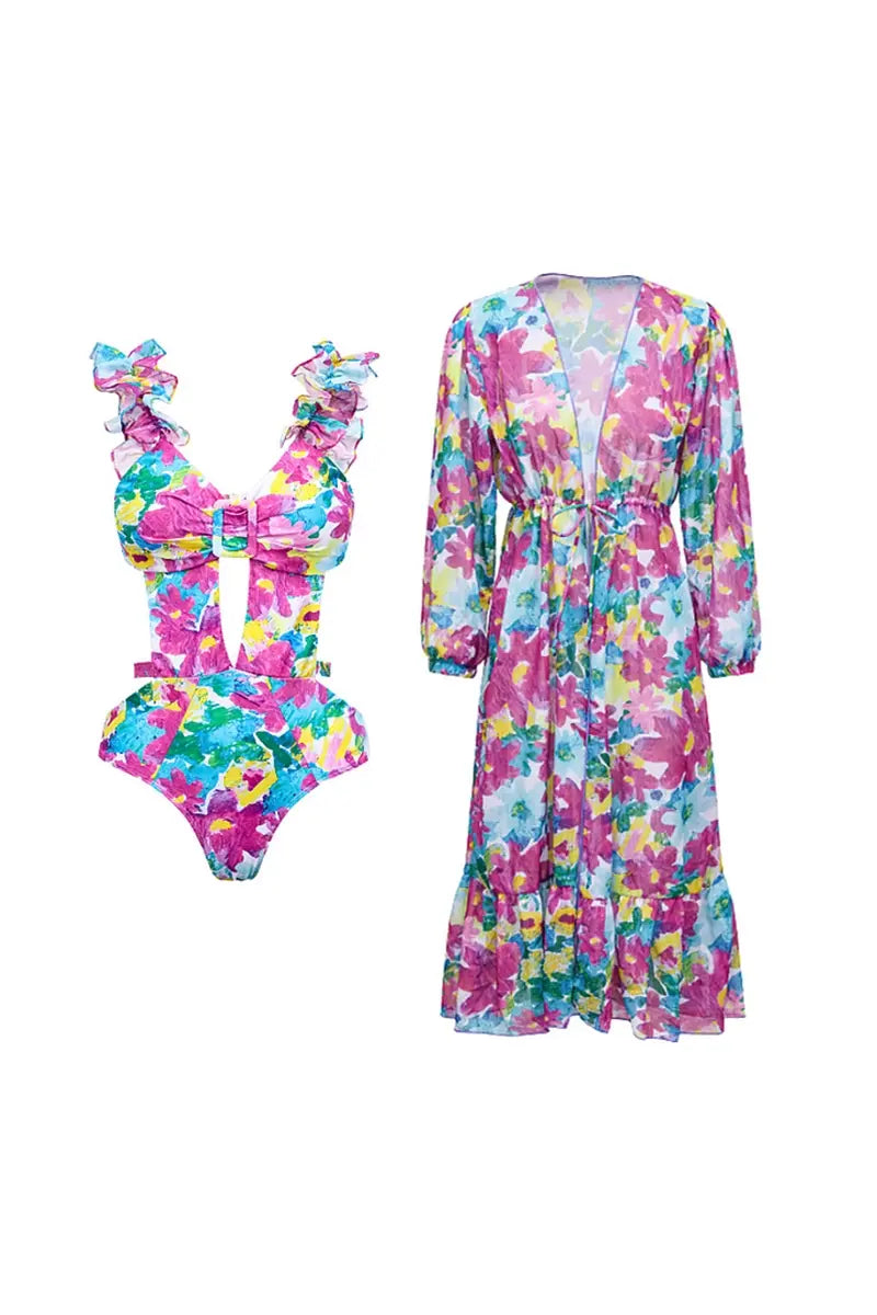 Cutout One Piece Swimsuit Set with Cover Up-ROVOLE