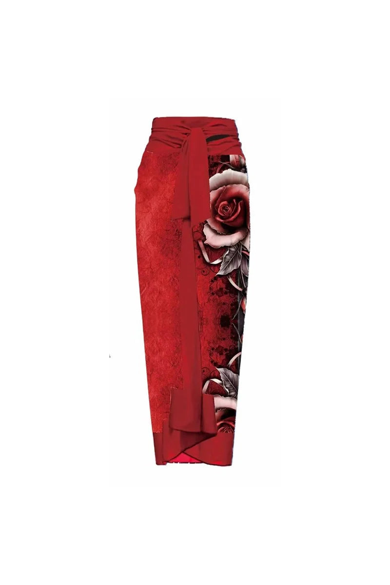 3D Red Floral Print One-Piece Swimsuit Set-ROVOLE