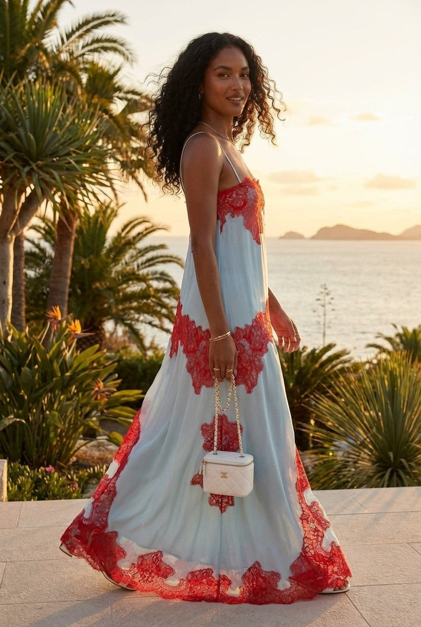 Floral Lace Trimmed Satin Slip Maxi Dress Light Blue