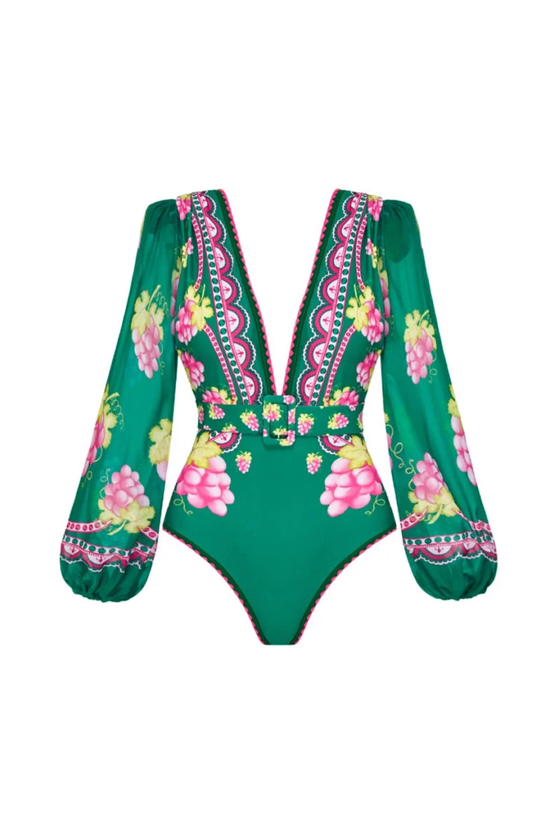 Deep V Retro Print Long Sleeve Swimsuit Set-ROVOLE