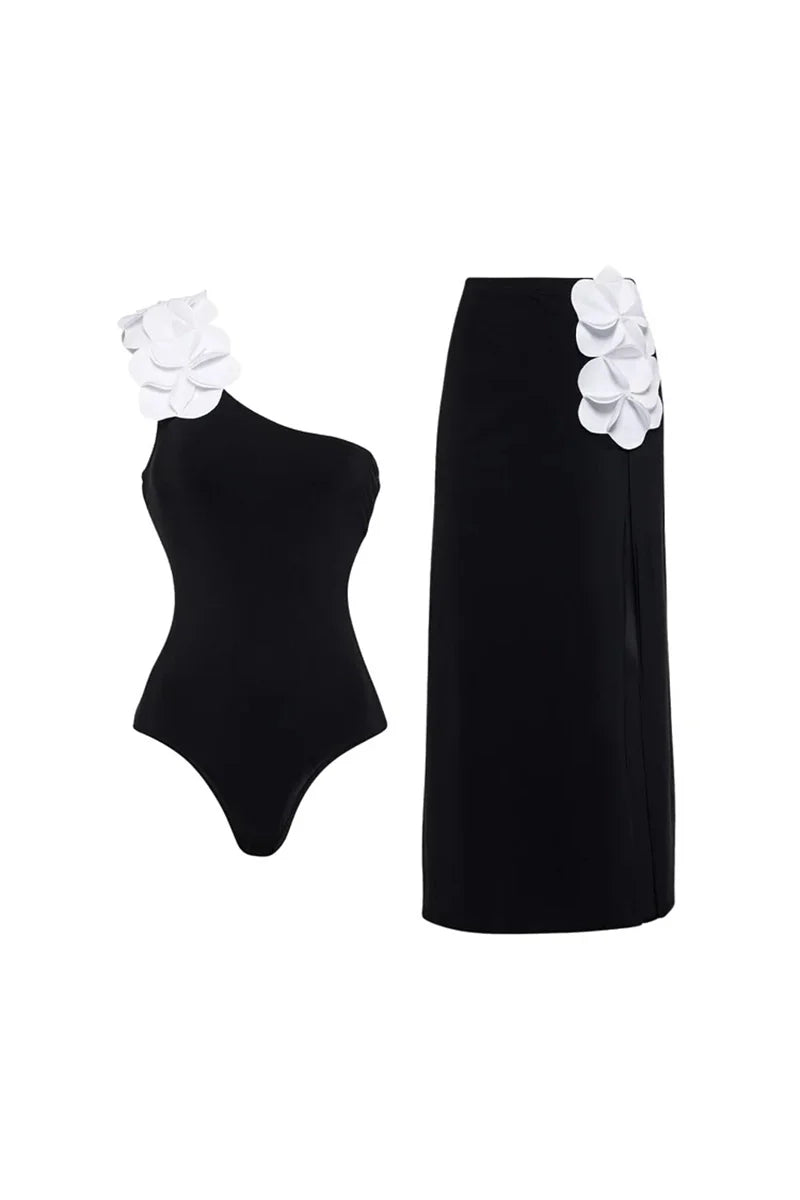 3D Floral One-Shoulder Black Swimsuit-ROVOLE