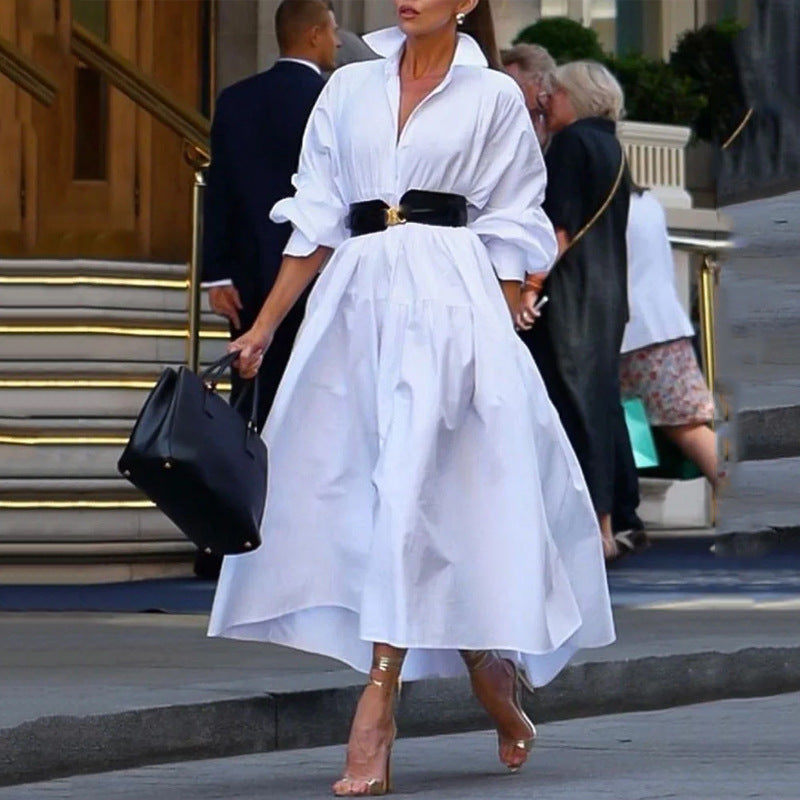 Fashion Pure White Lapel Belt Dress-ROVOLE