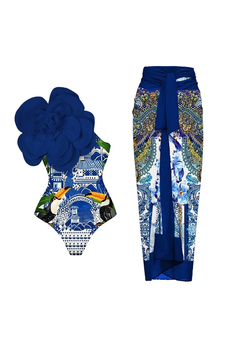 Blue 3D Floral Embellished Swimsuit-ROVOLE