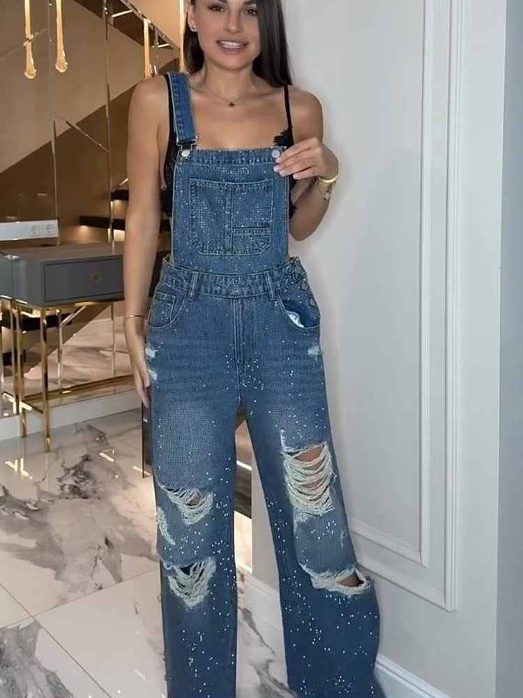Ripped Denim Overalls-ROVOLE