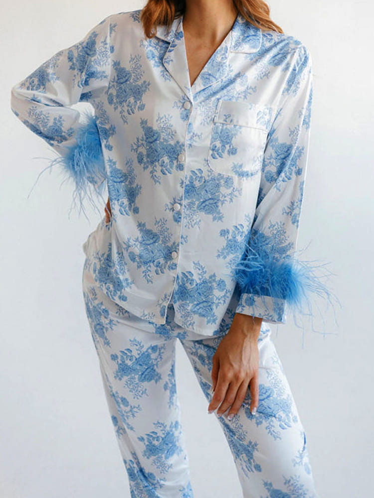 Blue Floral Print Satin Pajama Set-Massicos