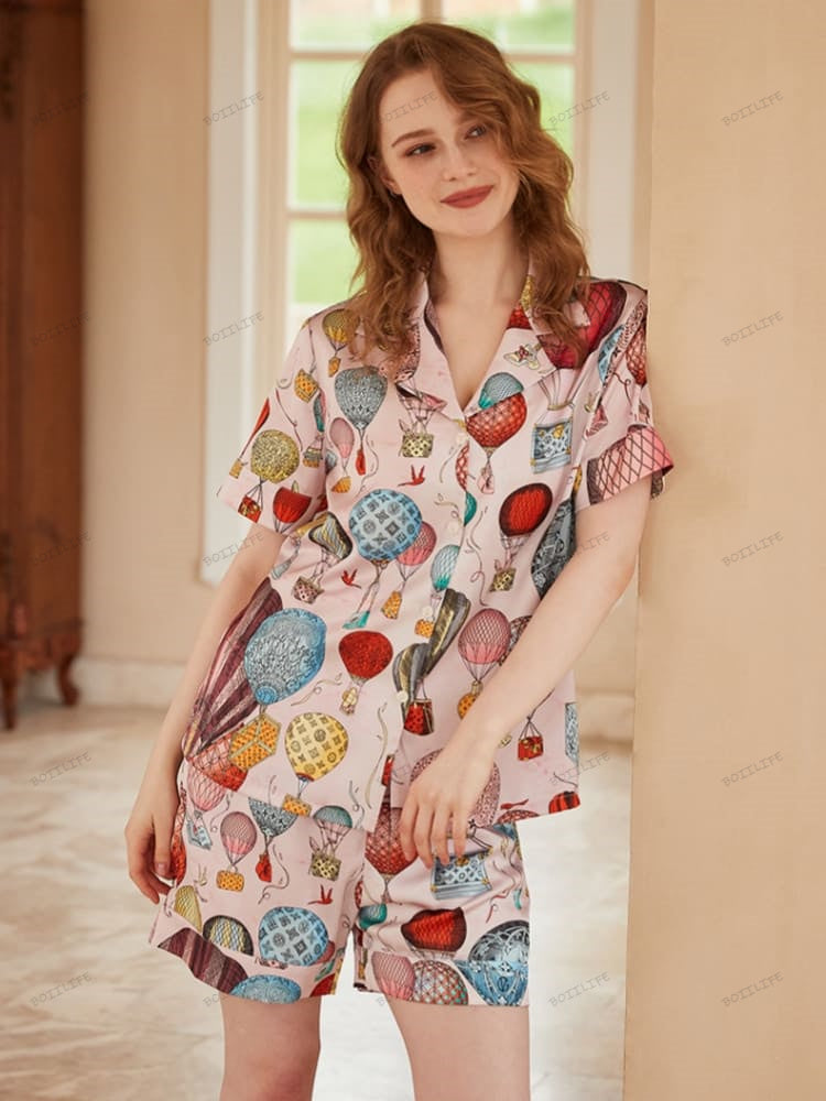 Hot Air Balloon Print Ice Silk Open-Front Short-Sleeve Pajama Set-Massicos