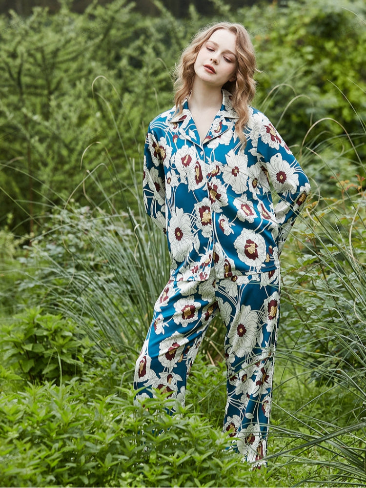 Blue Floral Pattern Ice Silk Long Sleeve Loungewear Set-Massicos