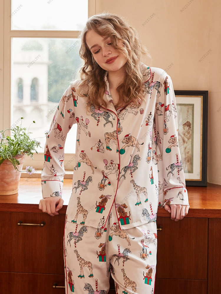 Circus Print Ice Silk Long-Sleeve Loungewear Set-Massicos