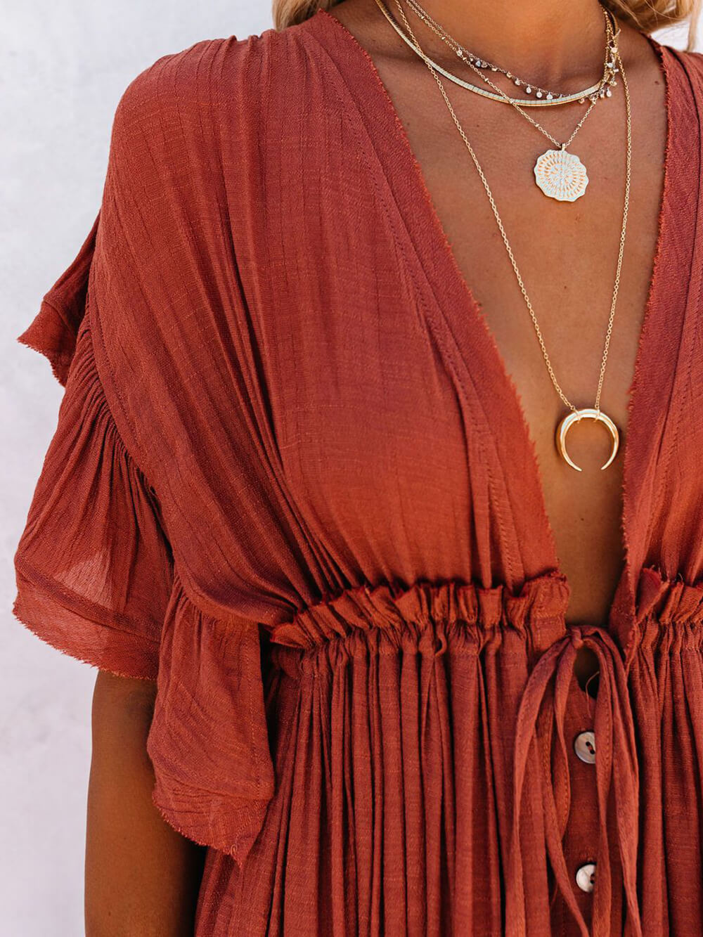 Button Cotton Linen Perfect Beach Boho Maxi Dress-Massicos