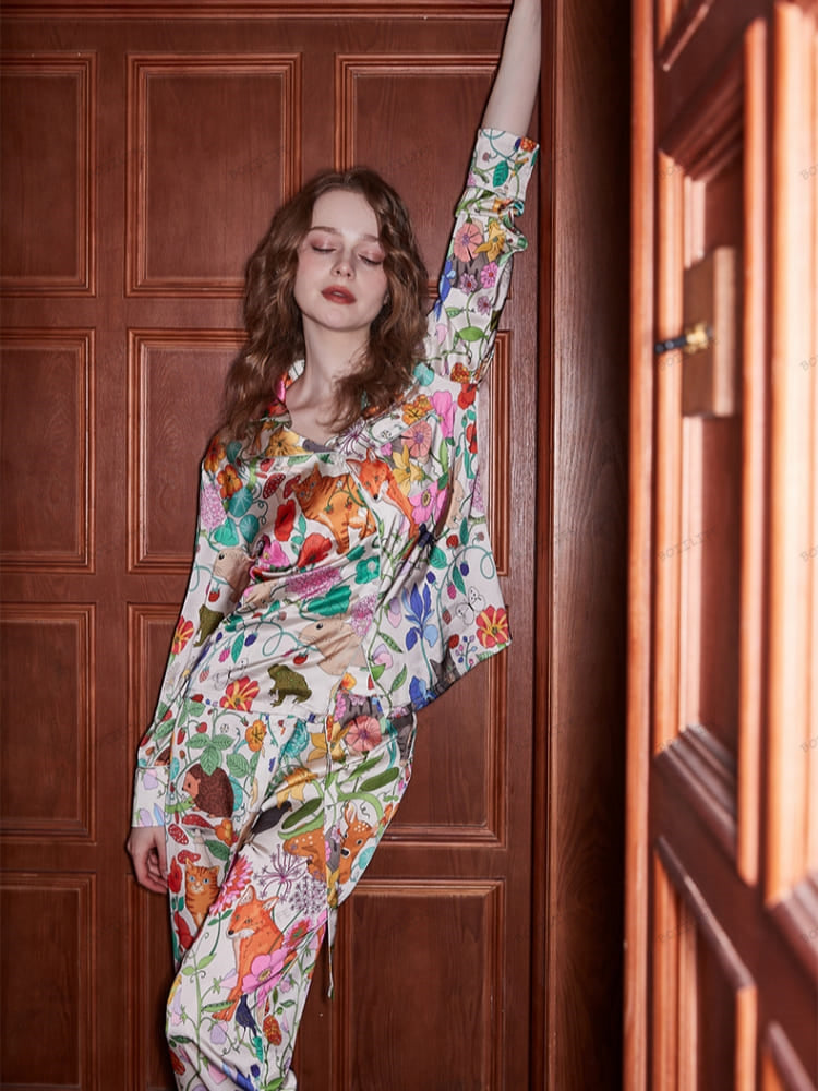 White Forest Garden Print Ice Silk Long-Sleeve Loungewear Set-Massicos