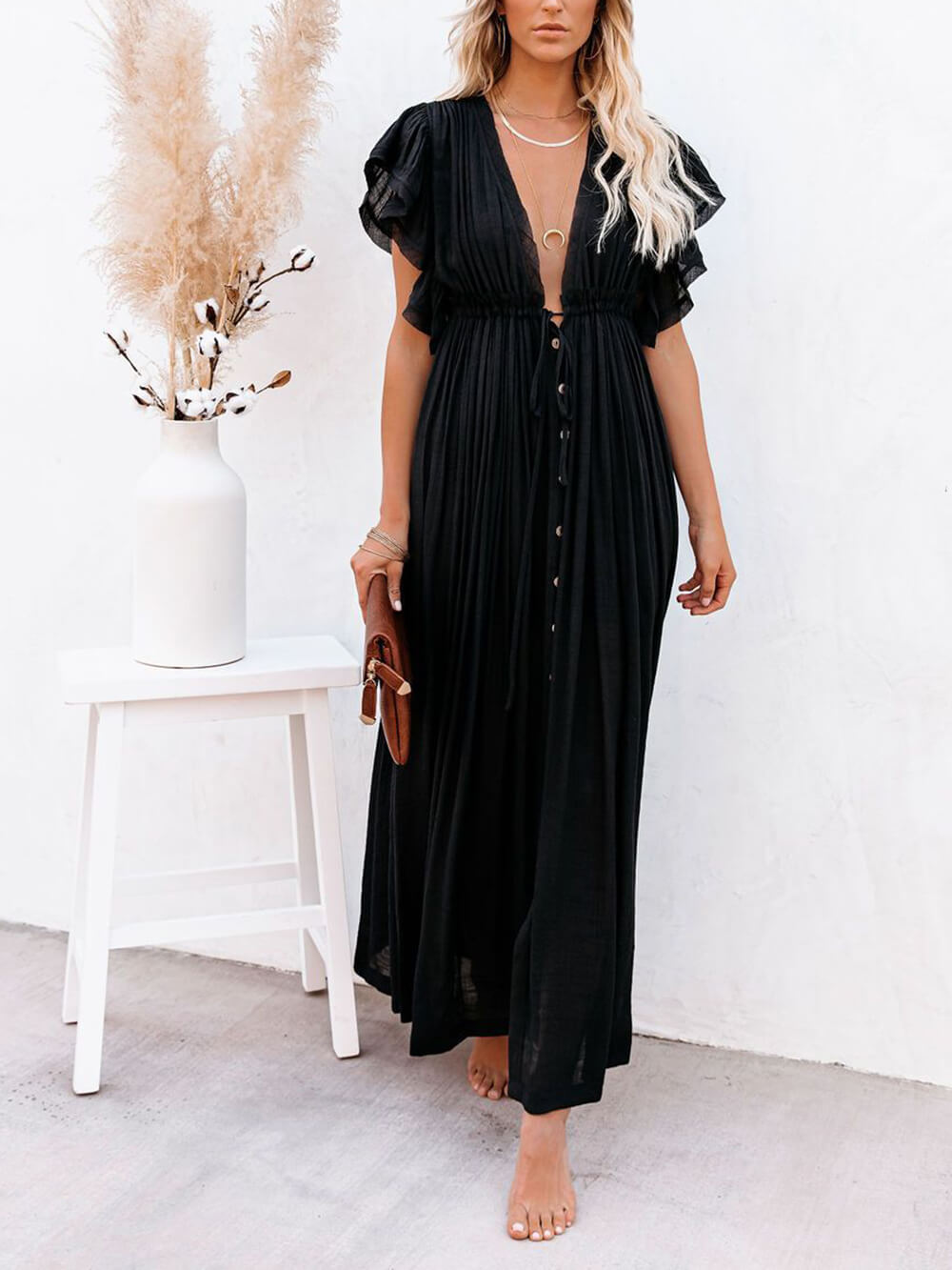 Button Cotton Linen Perfect Beach Boho Maxi Dress-Massicos