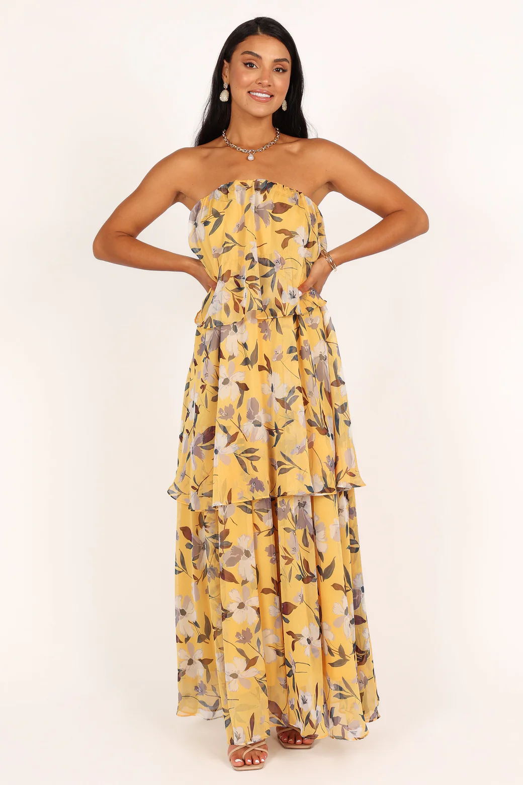 Calista Green Bloom Strapless Tiered Maxi Dress-ROVOLE