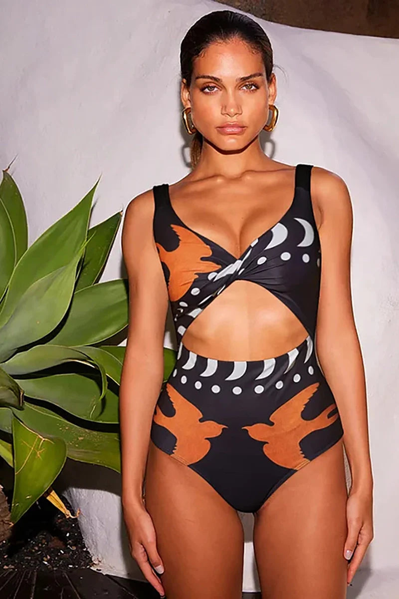 Graphic Print High-Waist Swimsuit-ROVOLE