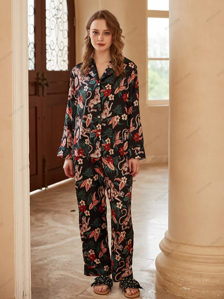 Jaguar and Floral Print Ice Silk Long-Sleeve Loungewear Set-Massicos