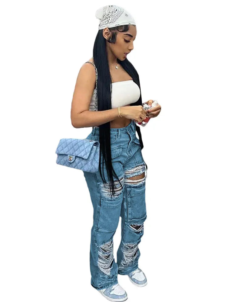 Ripped Casual Denim Pants-Massicos