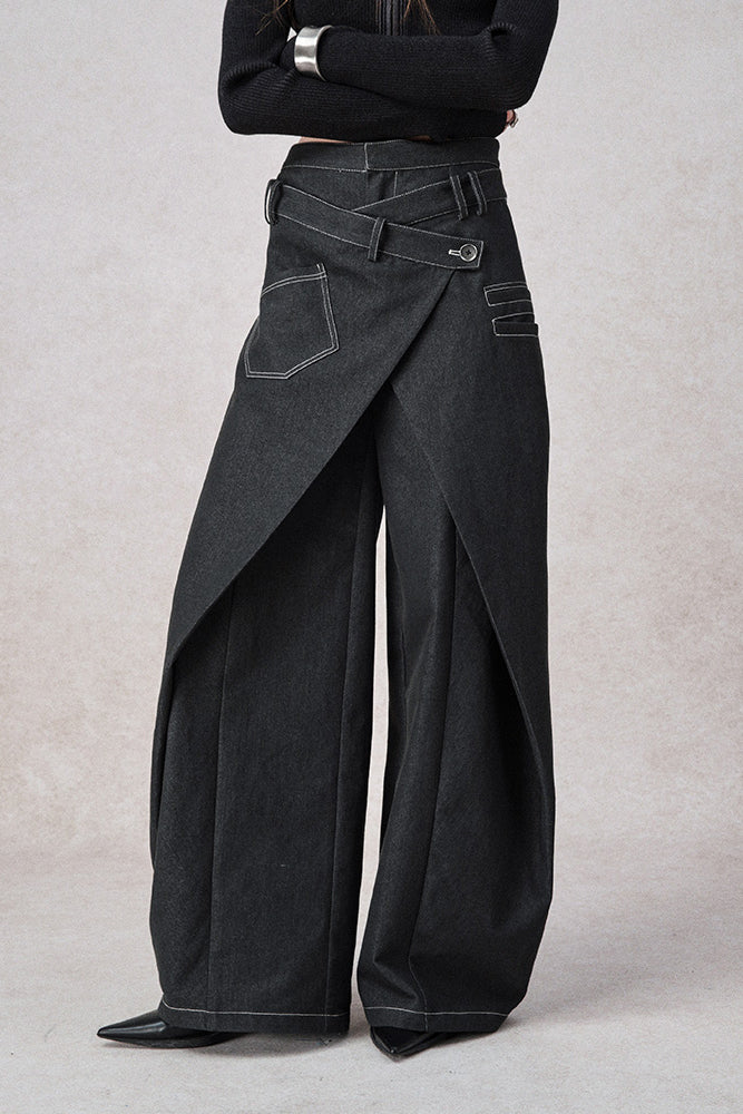 Swinging Symphony Fake Two-Piece Wide-Leg Jeans-Massicos