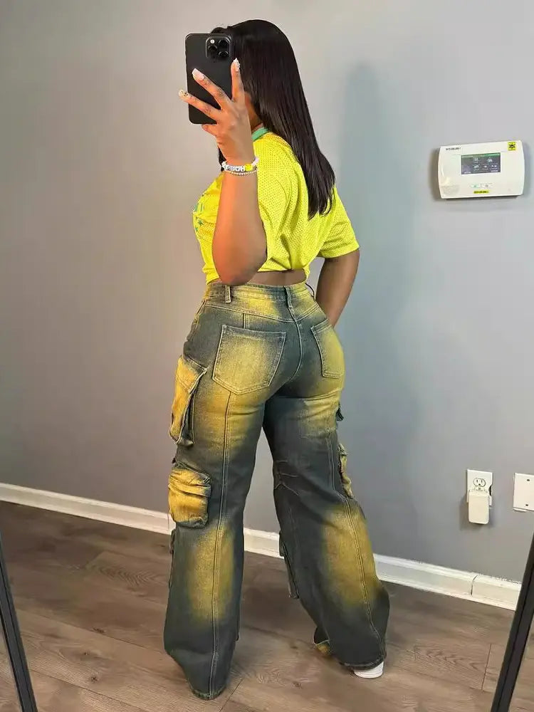 Trendy High-Waisted Cargo Jeans-Massicos