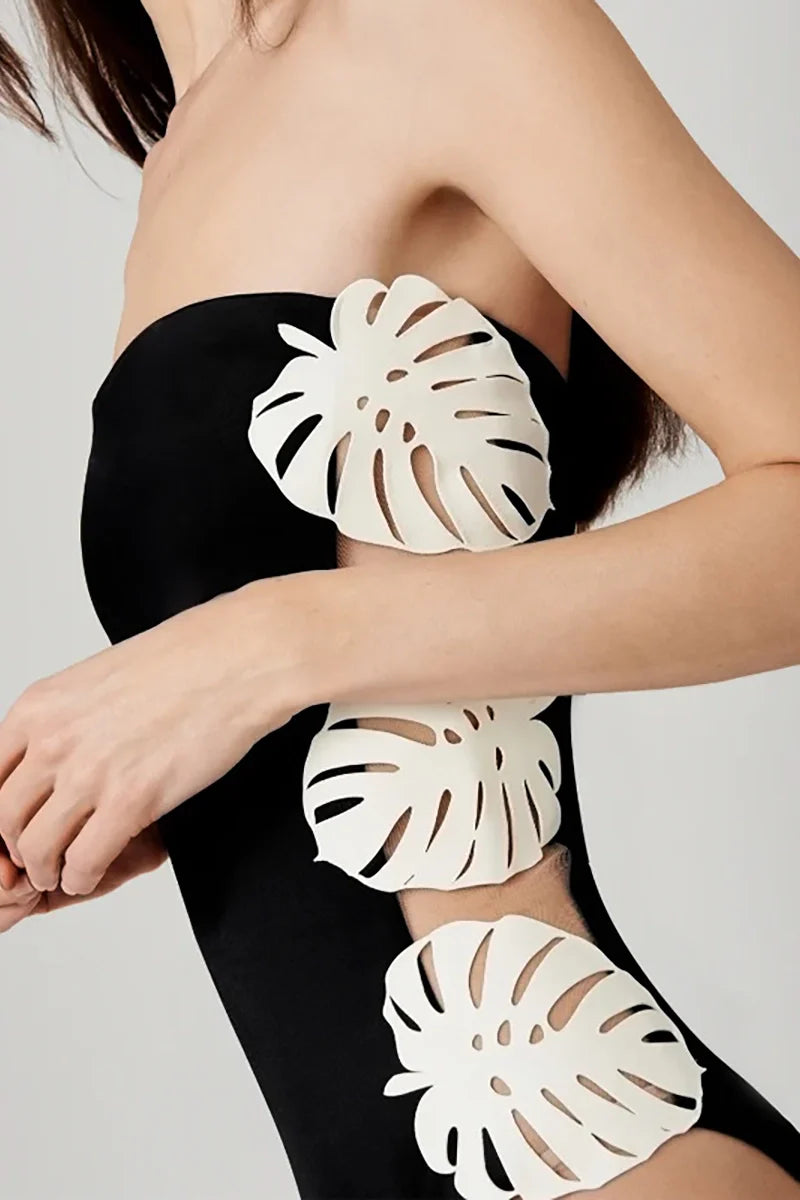 Leaf Patchwork Cutout Strapless Swimsuit-ROVOLE
