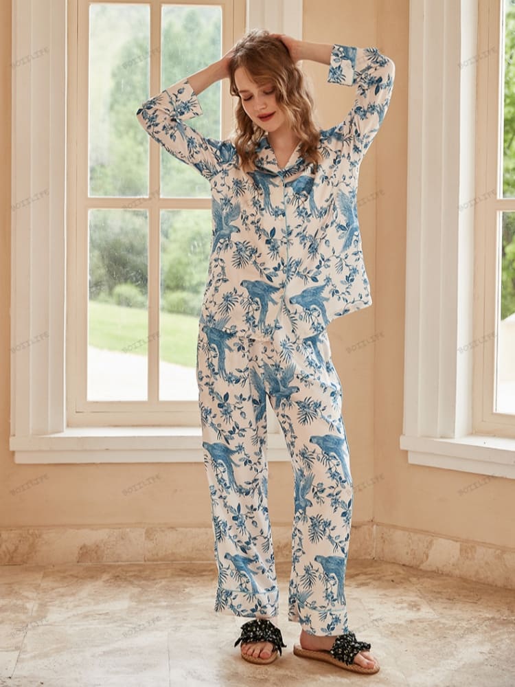 Parrot Print Ice Silk Long-Sleeve Pajama Loungewear Set-Massicos
