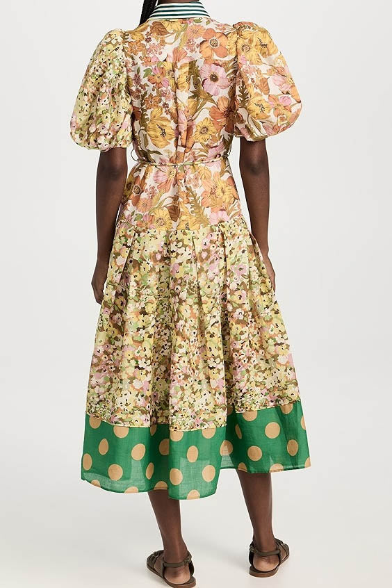 Green Muse Spliced Print Dress-ROVOLE