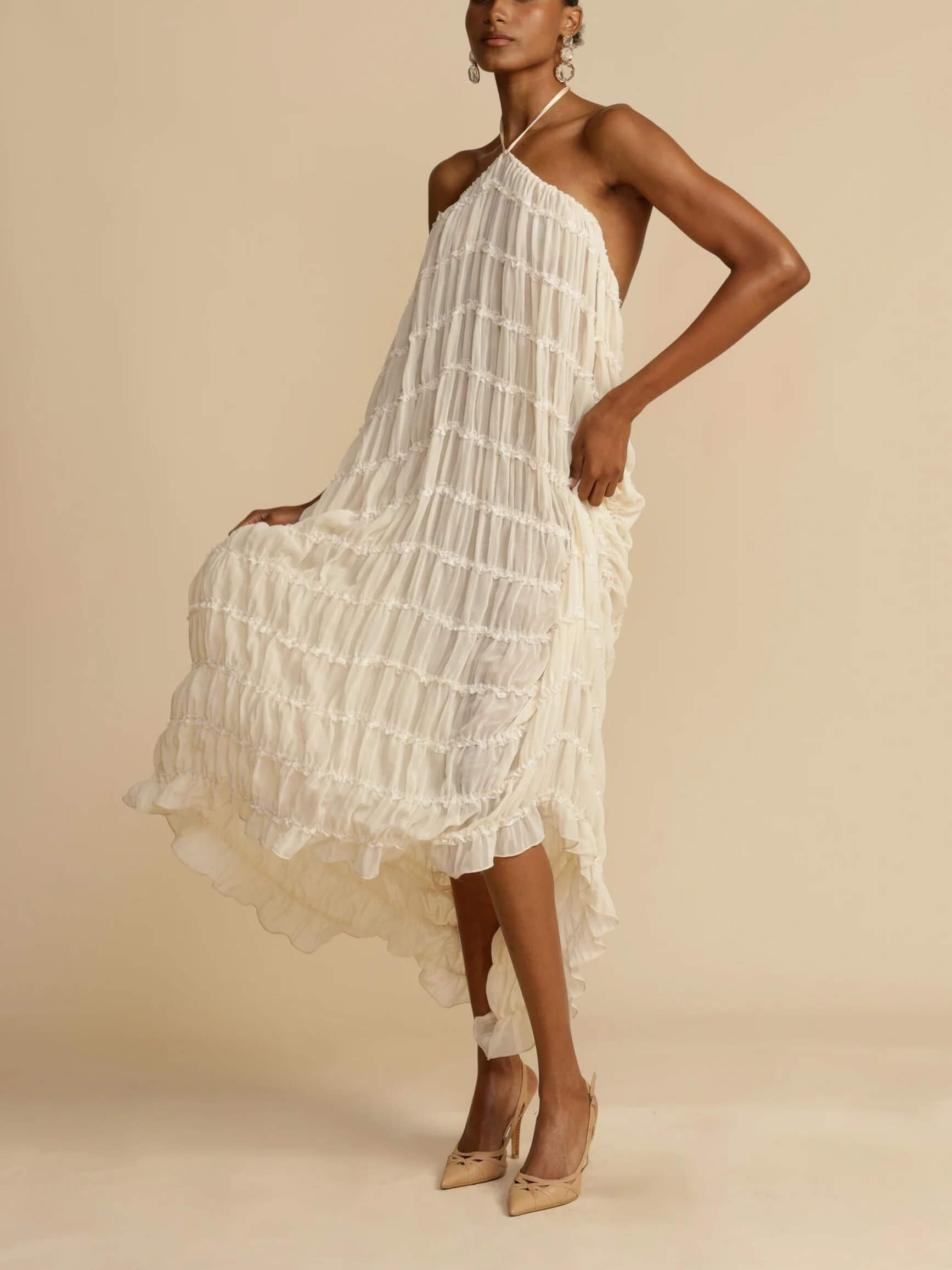Callistari Charming Pleated Drawstring Waist Tiered Halterneck Midi Dress-CALLISTARI