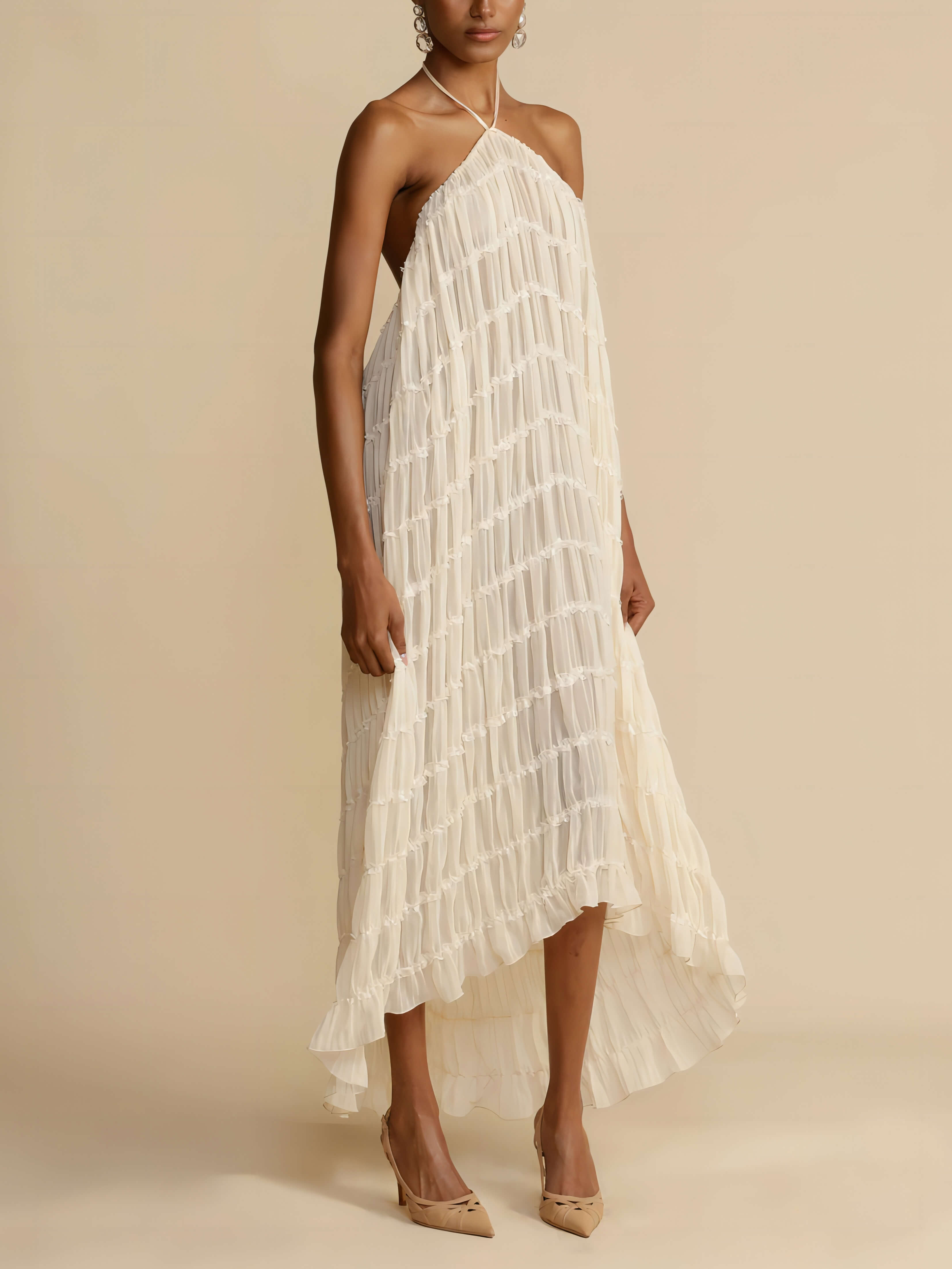 Callistari Charming Pleated Drawstring Waist Tiered Halterneck Midi Dress-CALLISTARI